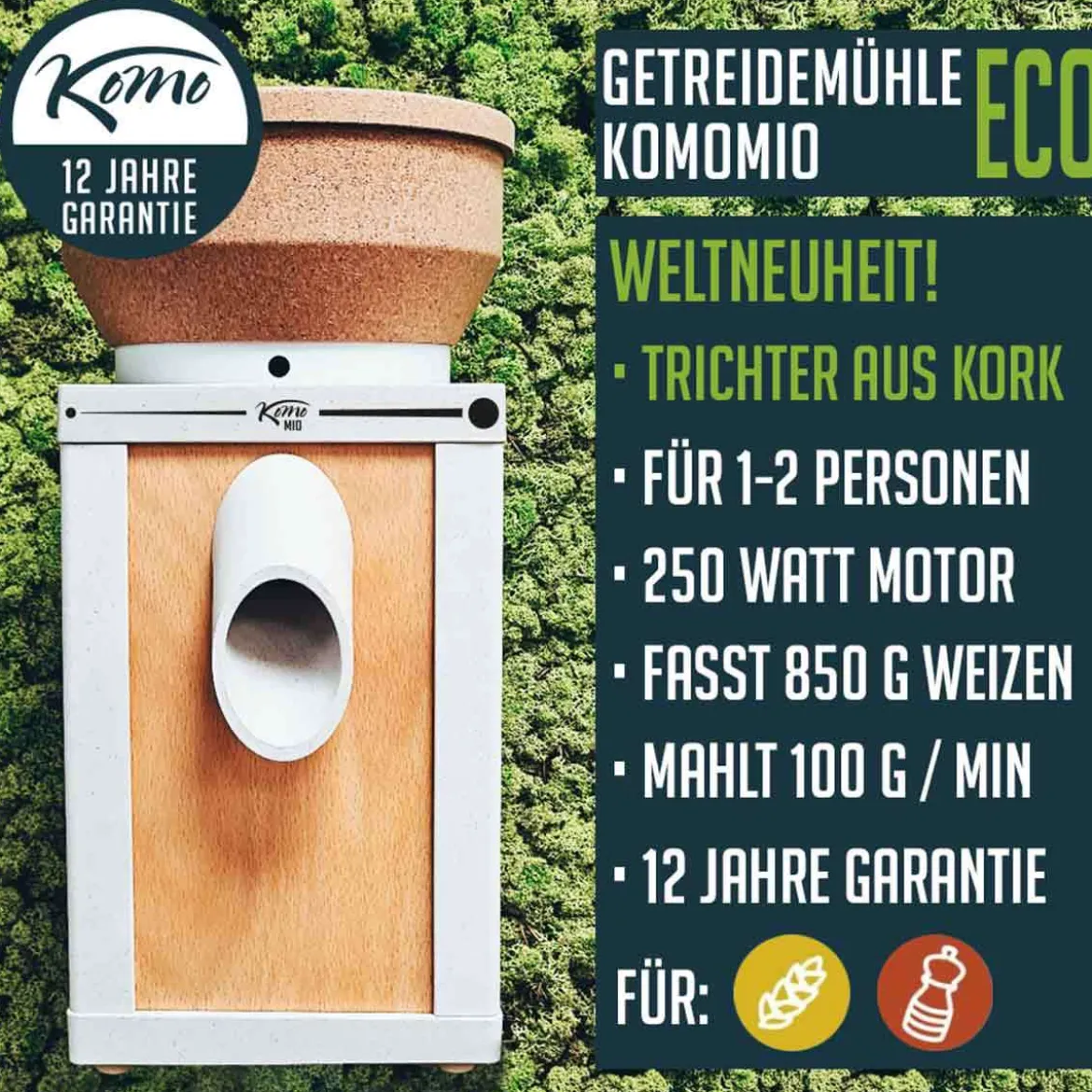 KoMo Getreidemühle Komomio Eco mit Trichter aus 100 % Kork